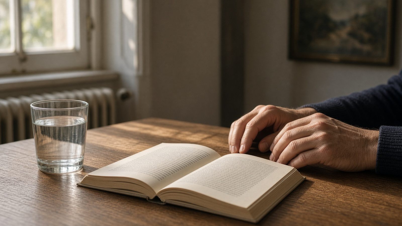 An open paperback on a wooden table, a man’s hands resting beside it.