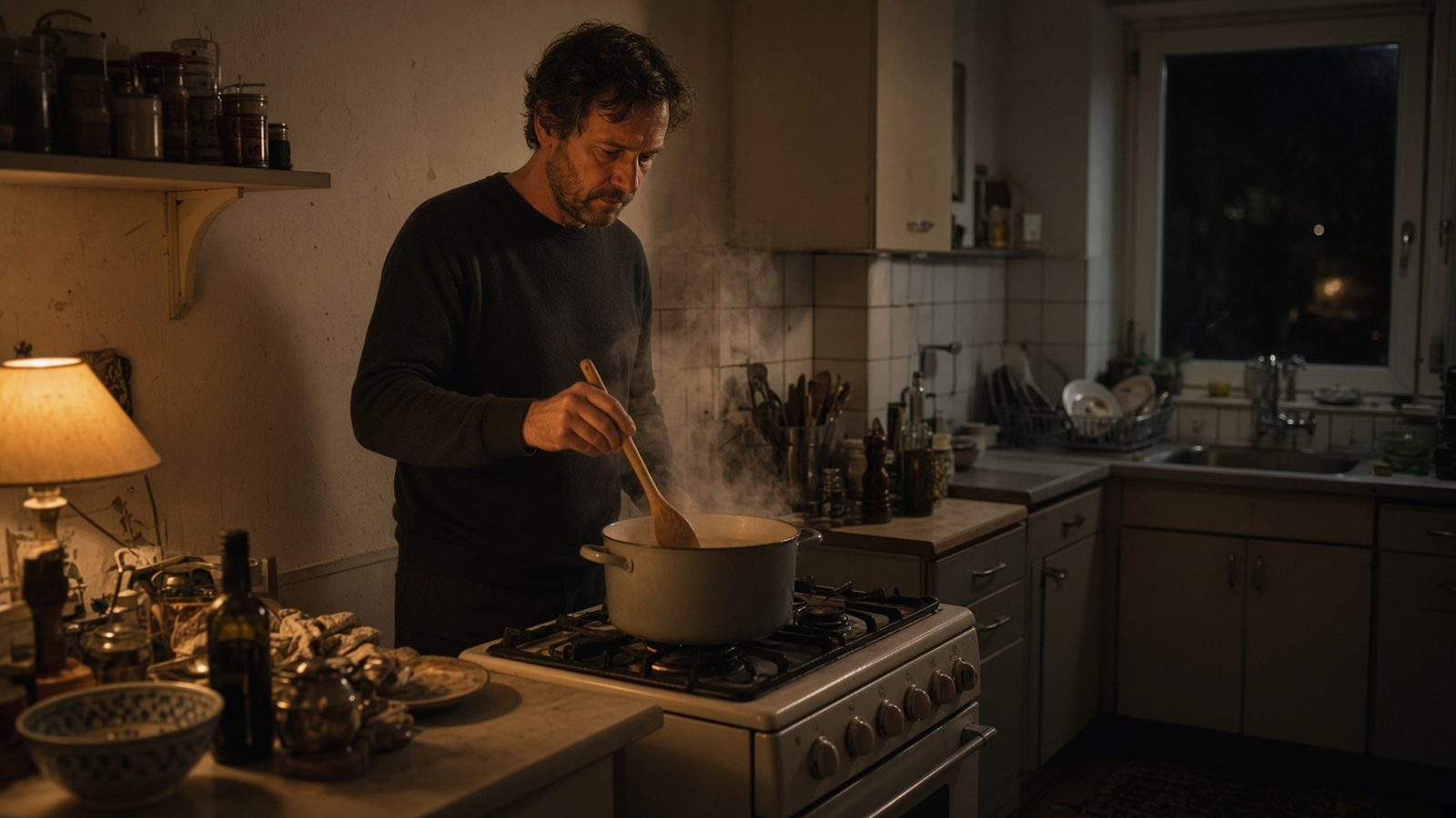 A man cooking in a small kitchen at night, steam rising from a pot.