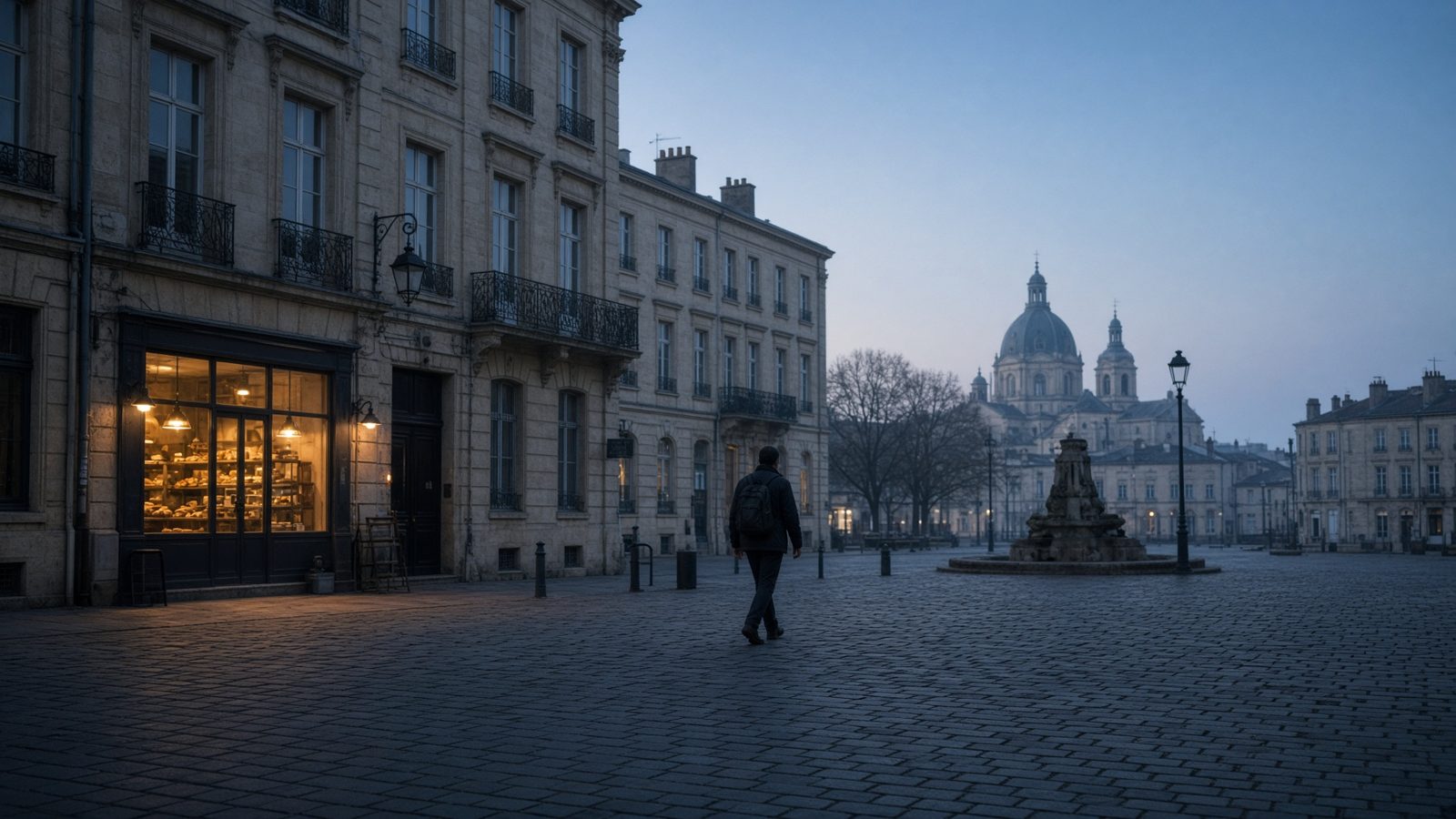An almost empty European square in the early morning, a man walking with a backpack.