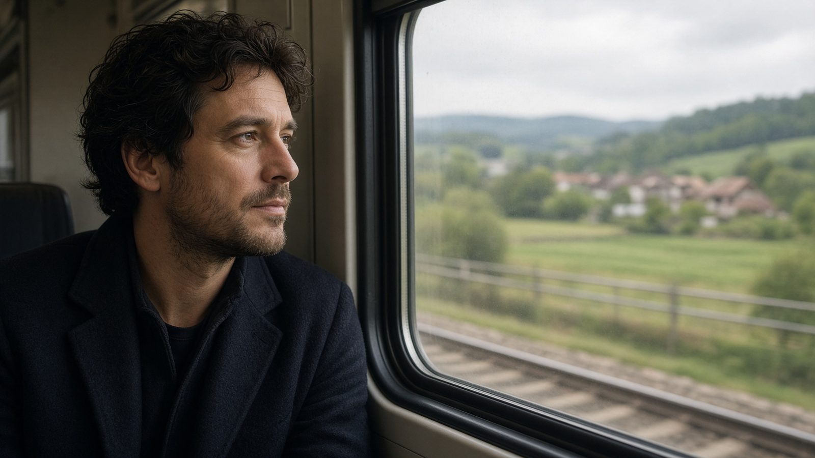 A man looking out of a regional train window at passing countryside.