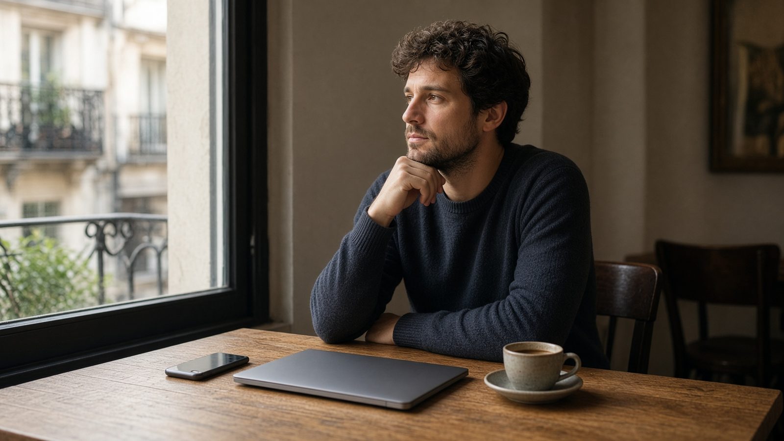A man sitting in a cafe by the window, laptop closed, phone face down.