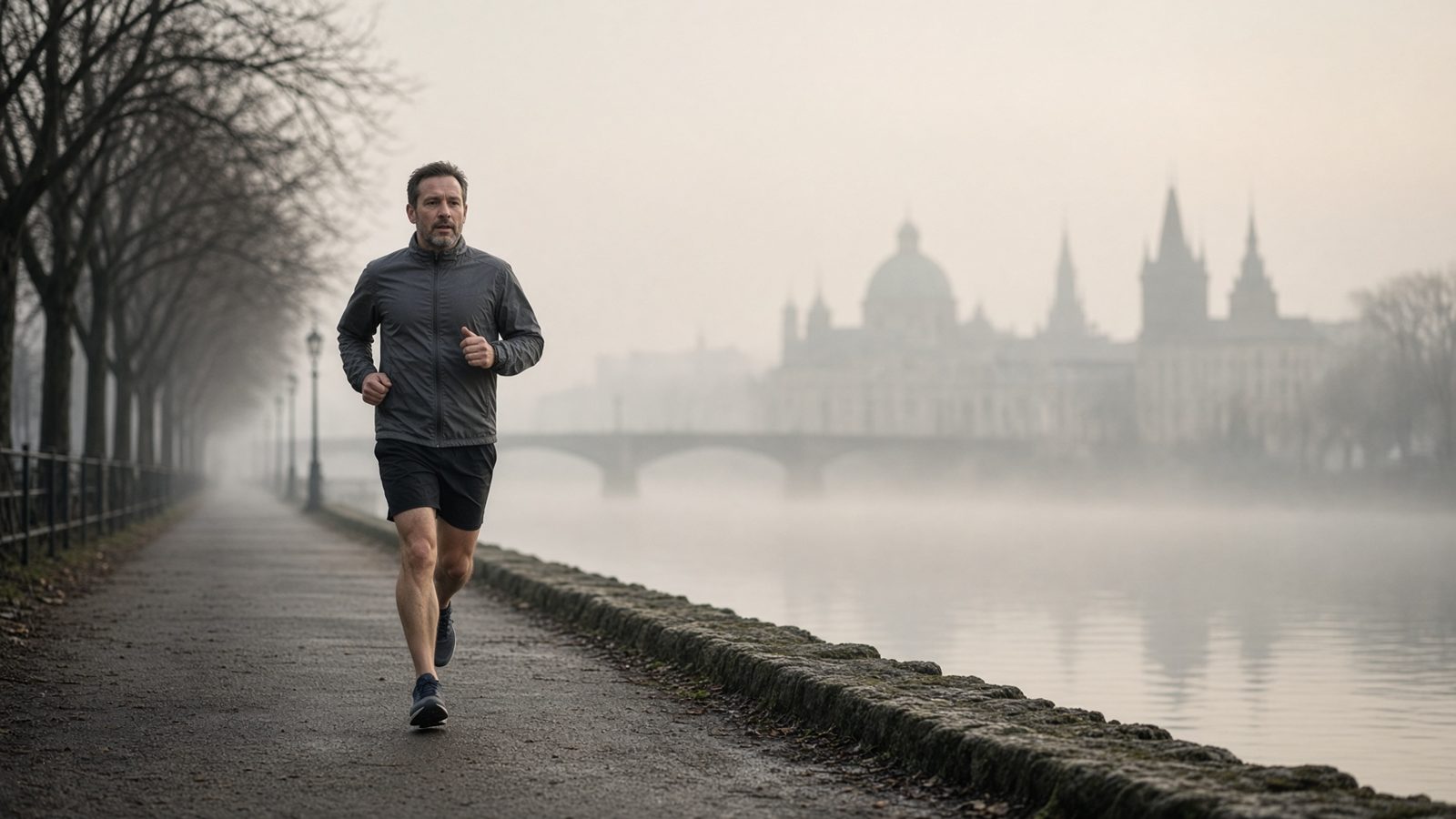 A man running alone along a river path in the early morning.