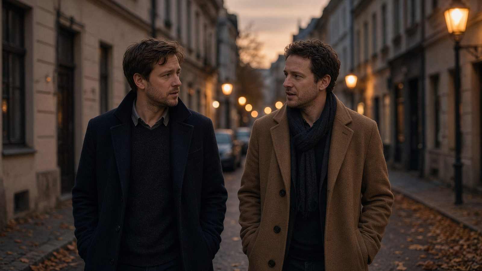 Two men walking side by side along a quiet city street at dusk.