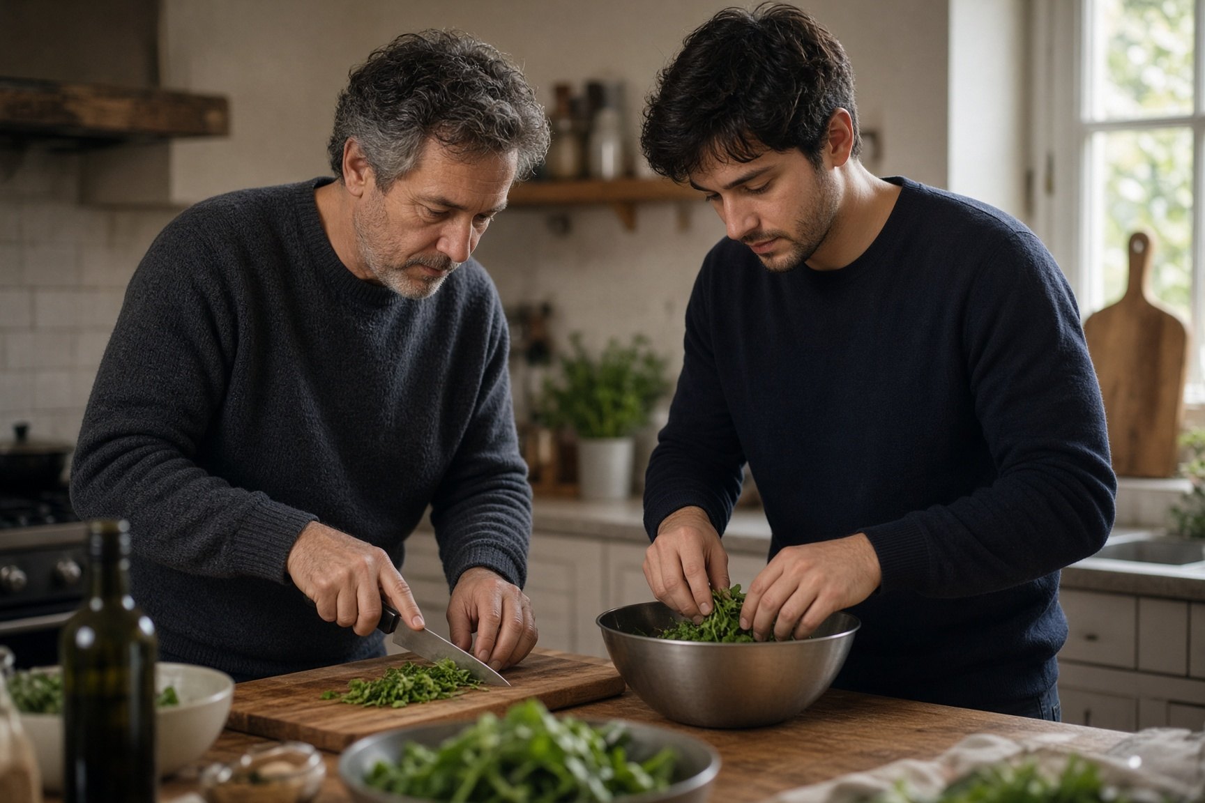 Three men of different ages cooking together in a kitchen.