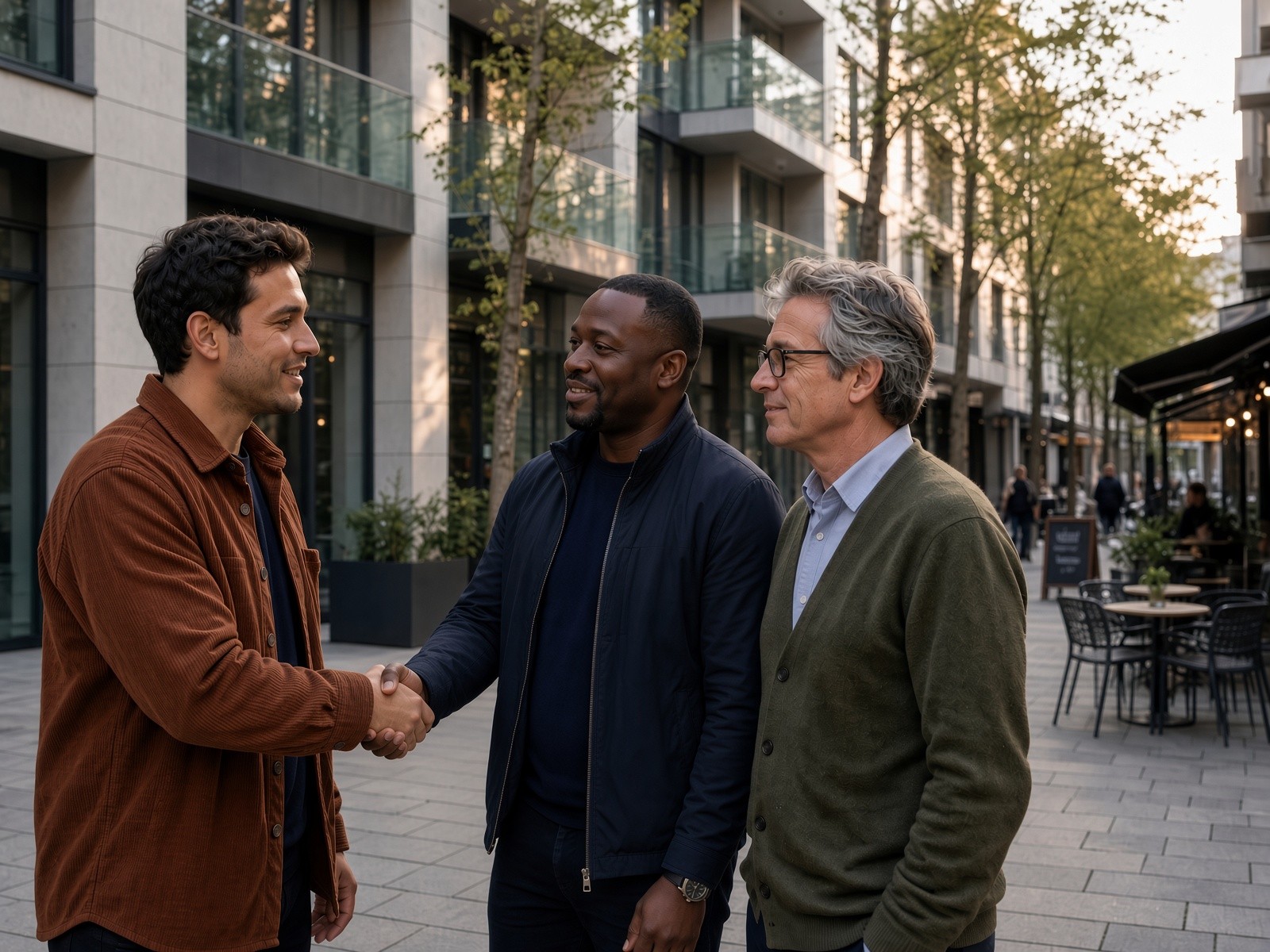 Three different men greeting each other before going to do something together.