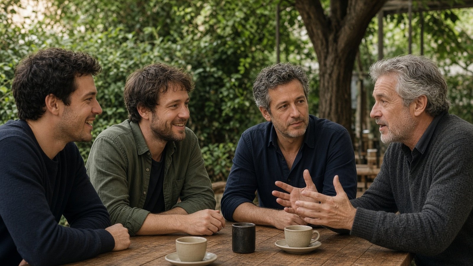 Four different men sitting at a table working on something together.