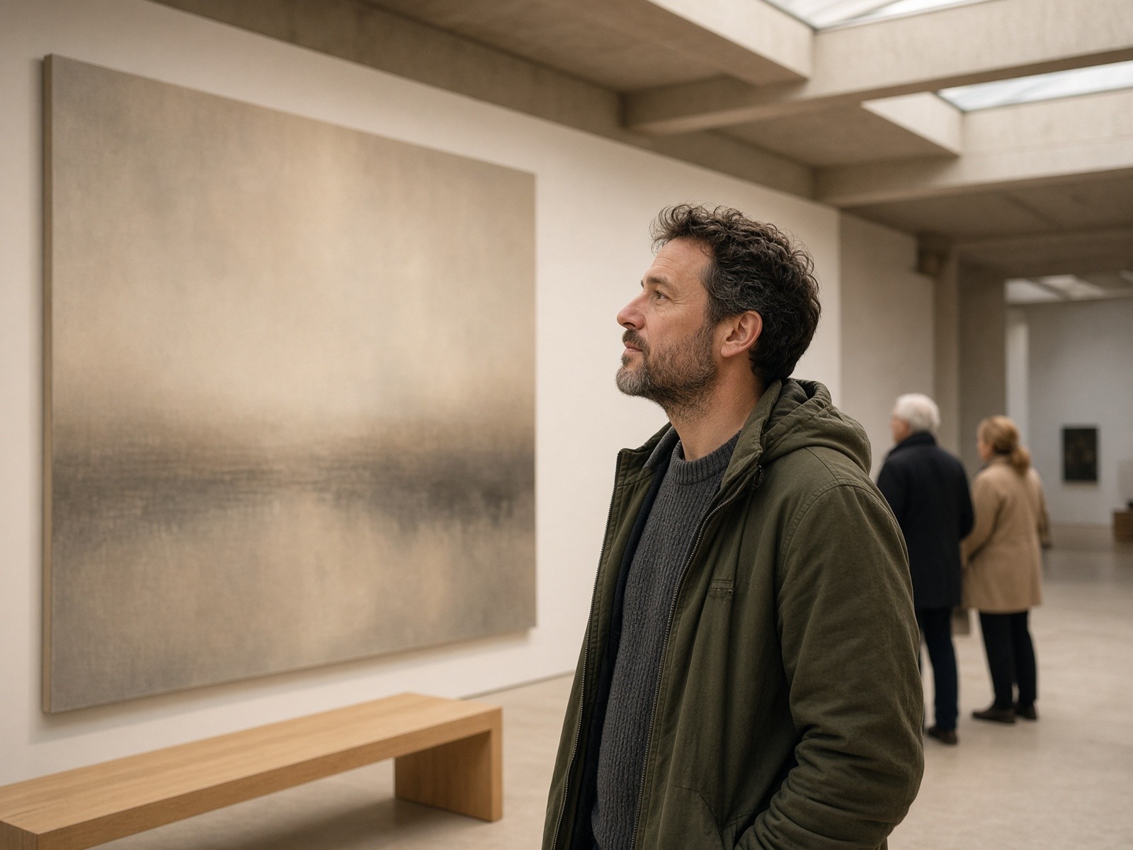 A man in a contemporary exhibition looking attentively at a work of art.