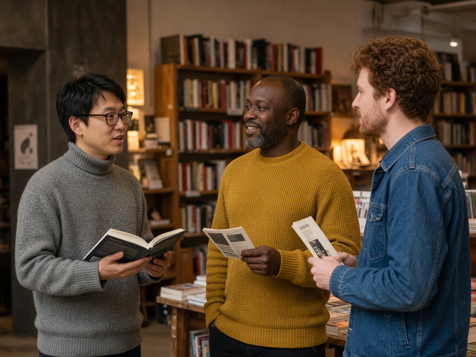 Three men talking about new ideas after a cultural event.