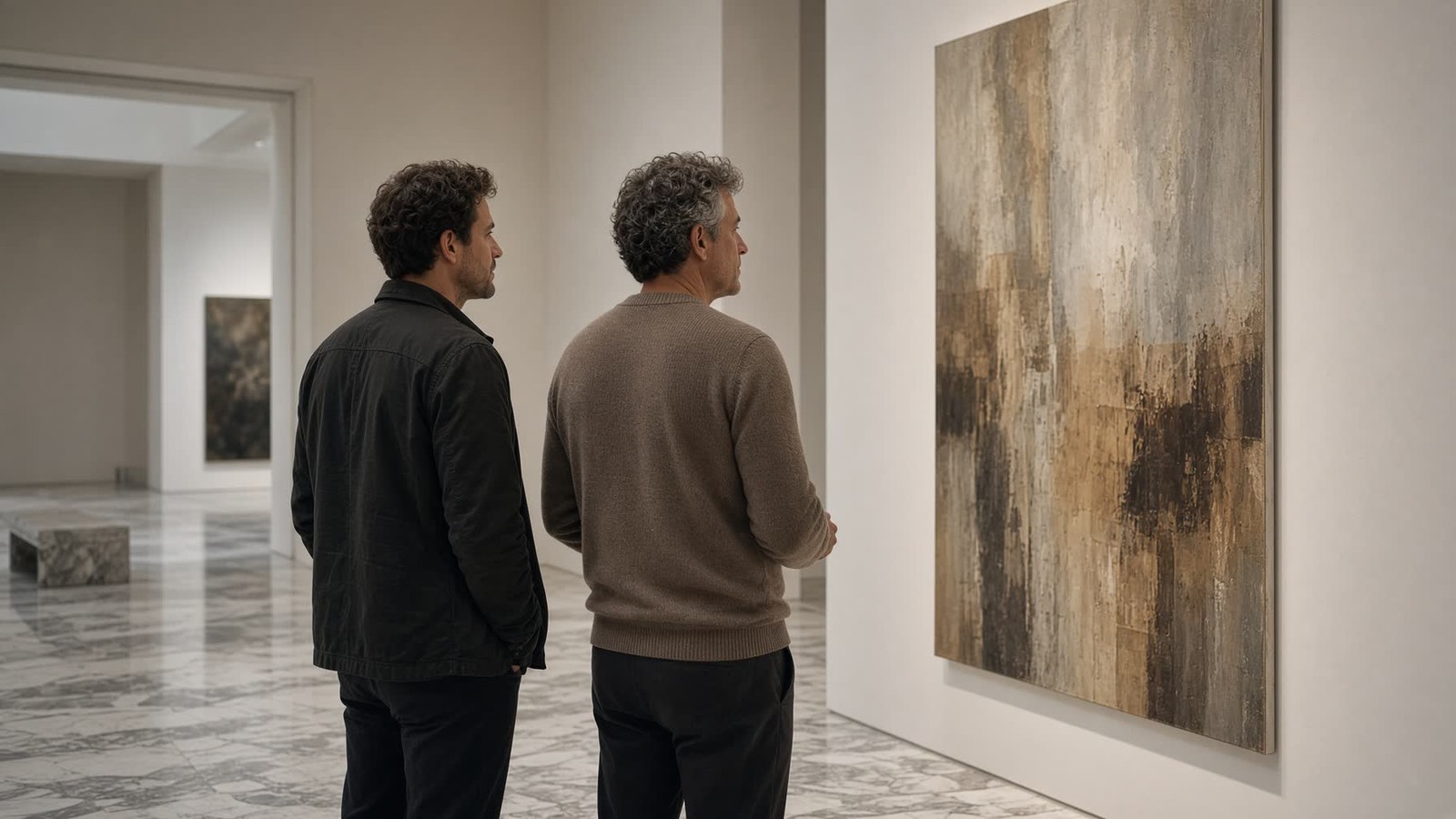 Two men looking at a painting in a gallery and talking about it.