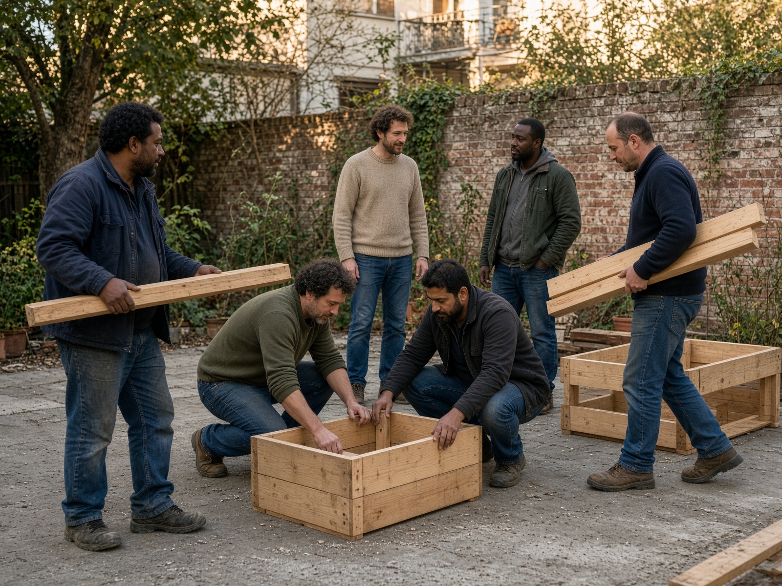 Several different men building a wooden garden box together in a neighbourhood courtyard.