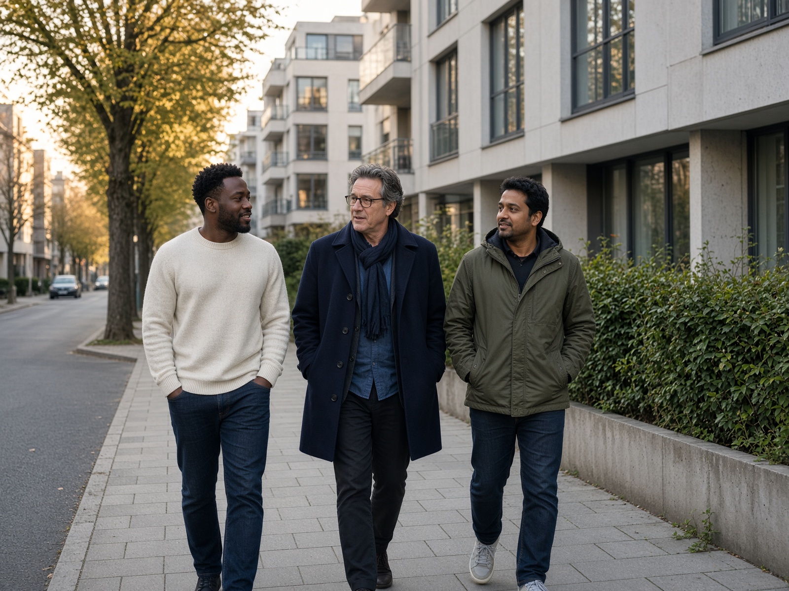 Three men walking on through the city after spending time together.